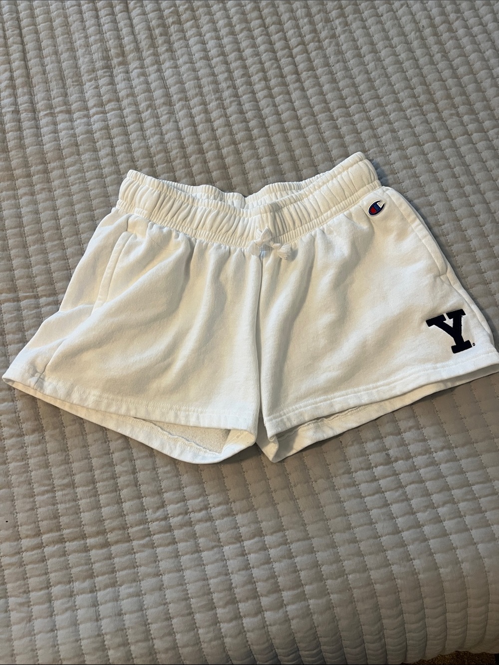 Champion White Women's Athletic Shorts with Navy 'Y' Accent